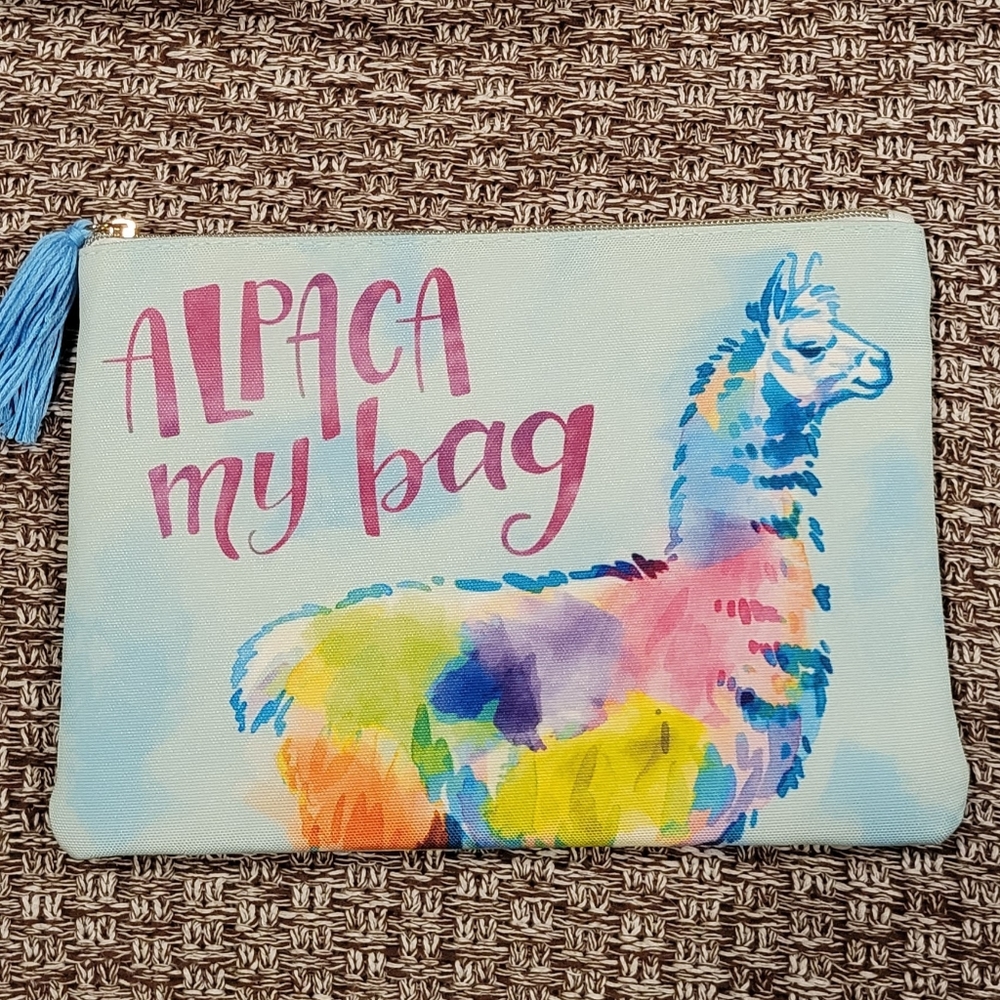 "Alpaca My Bag" Zipper Bag Soft Blue Pink Writing